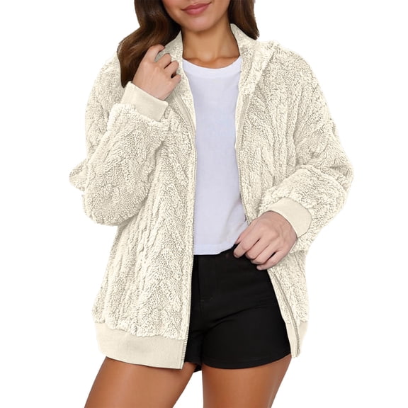 Women's Fuzzy Fleece Jacket Full Zip Up Lightweight Warm Soft Fleece Coat for Spring Fall Winter