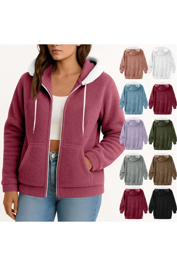 Women's Fuzzy Fleece Jacket Hooded Color Block Patchwork Lady Cardigan Coat Outerwear With Pockets And Cat Ears for Fall and Winter Wear,White,L