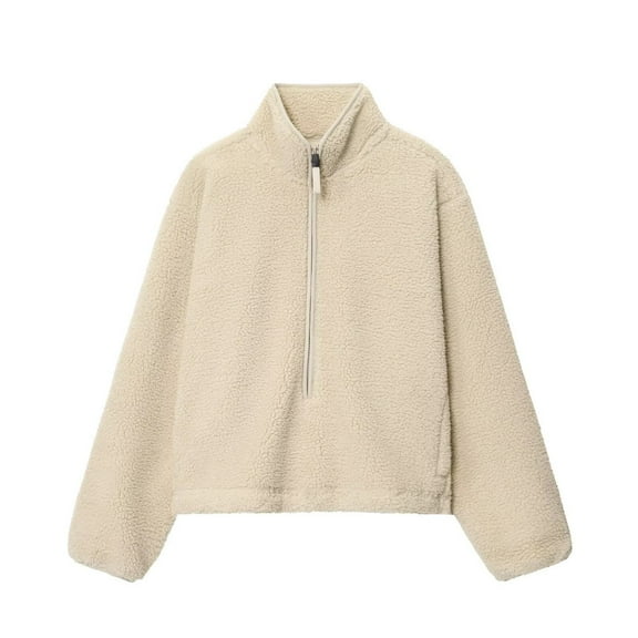 Women’s Fuzzy Fleece Jacket Long Sleeve Sherpa Lined Half Zip Up Coat with Stand Collar and Pockets Warm Casual Polar Fleece Outerwear for Fall and Winter Layering