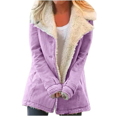 Women's Fuzzy Fleece Jacket Open Front Button Up Long Sleeve Lapel V Neck Solid Color Coats Plus Size Winter Fall (Purple M)