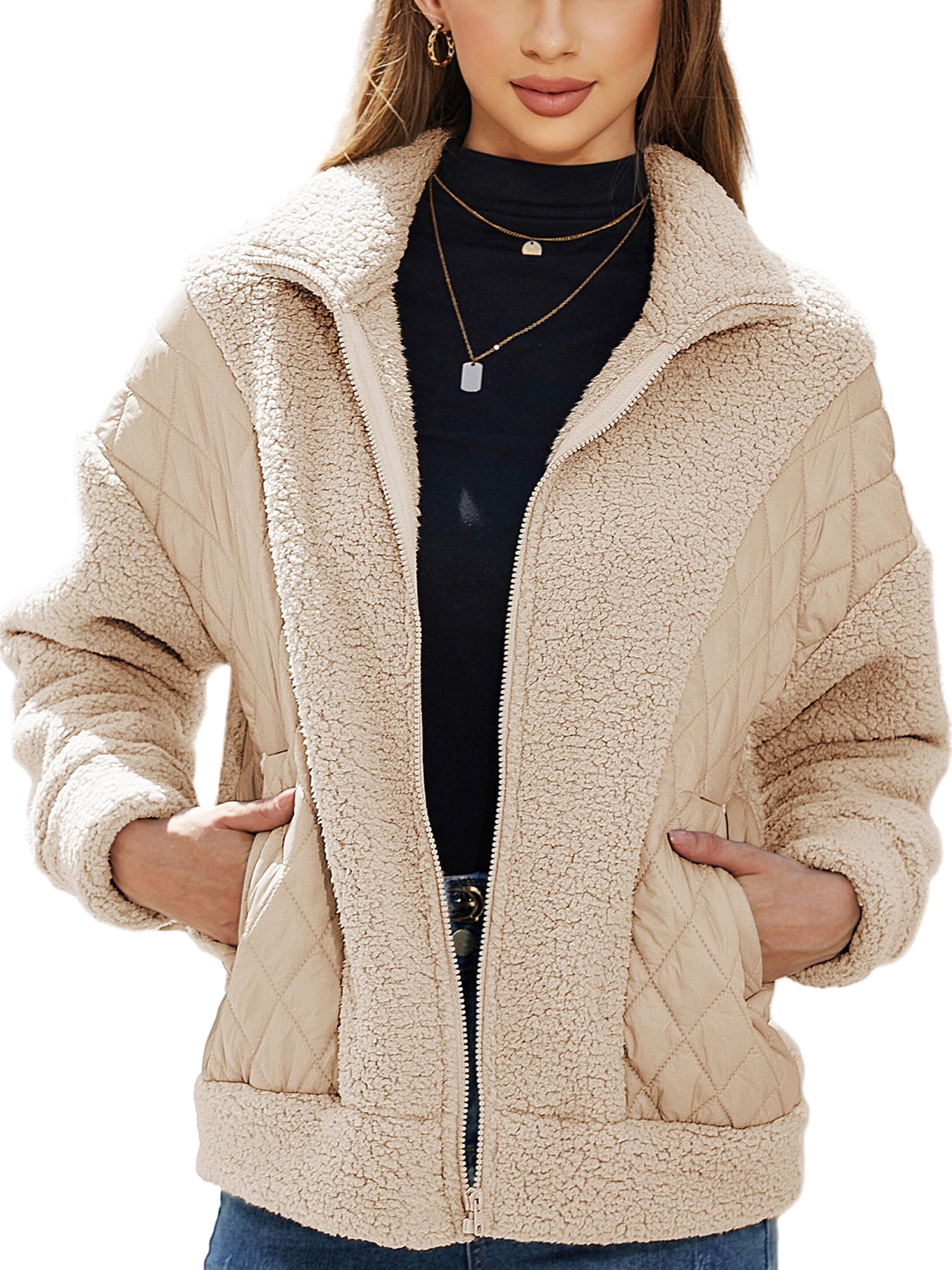 Women’s Fuzzy Fleece Jacket Warm Long Sleeve Quilted Patchwork Coat