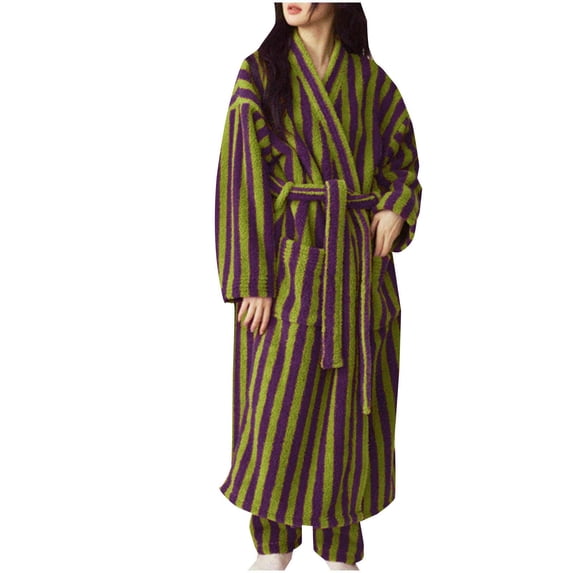 Women's Fuzzy Fleece Long Robe Striped Plush Kimono Warm Thick Fluffy Oversized V Neck Loungewear Maxi Bathrobe Purple M