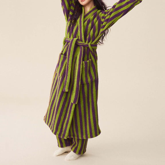 Women's Fuzzy Fleece Long Robes Striped Soft Warm Thickened Oversized V Neck Loungewear Maxi Bathrobe Housecoat New Bathrobe for Women Soft Purple L