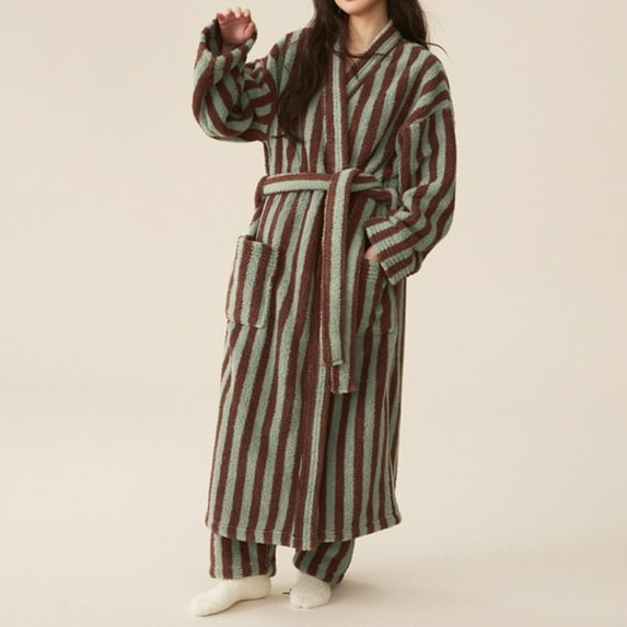 Women's Fuzzy Fleece Long Robes Striped Soft Warm Thickened Oversized V Neck Loungewear Maxi Bathrobe Housecoat New Night Gown for Women Soft Comfortable Coffee L