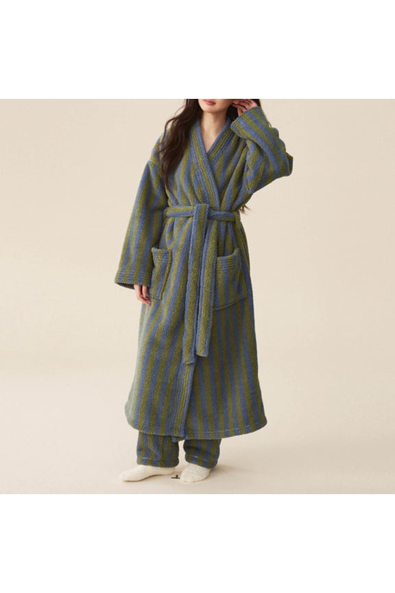 Women's Fuzzy Fleece Long Robes Striped Soft Warm Thickened Oversized V Neck Loungewear Maxi Bathrobe Housecoat New Nightdress for Women Pajamas Green XL