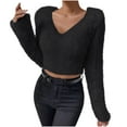 thumbnail image 1 of Women's Fuzzy Fleece Long Sleeve V Neck Crop Sweater Casual Plain Slim Fit Warm Knitwear Sweater Tops, 1 of 9