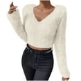 thumbnail image 1 of Women's Fuzzy Fleece Long Sleeve V Neck Crop Sweater Casual Plain Slim Fit Warm Knitwear Sweater Tops, 1 of 9