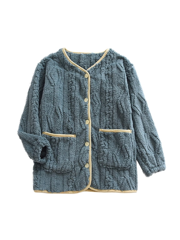 Women's Fuzzy Fleece Loungewear Tops Thermal Warm Bed Jacket Button Down Long Sleeve Fluffy Flannel Sleepwear Winter Clothes