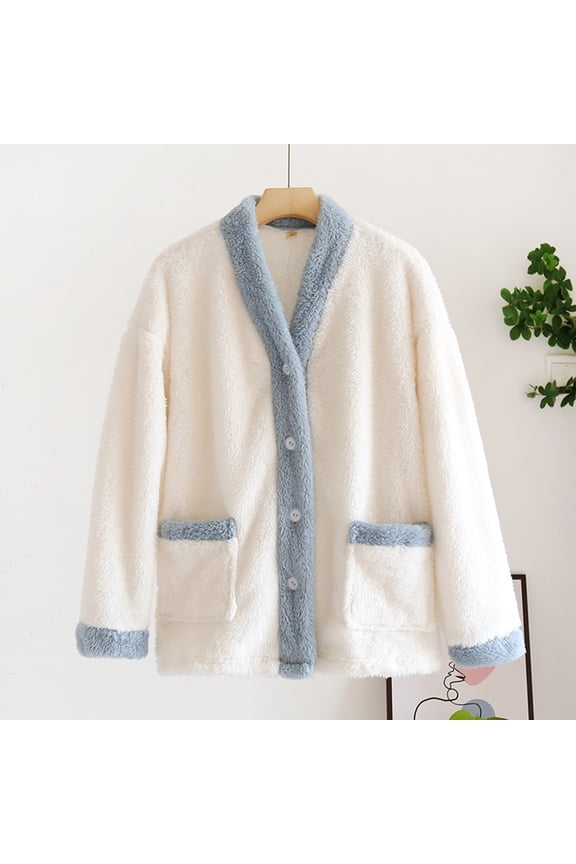 Women's Fuzzy Fleece Loungewear Tops Thermal Warm Bed Jacket Button down Long Sleeve Sleepwear Winter Clothes New Winter Pajamas for Women White XL