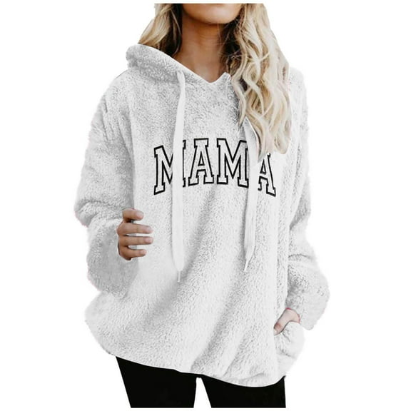 Women's Fuzzy Fleece MAMA Printed Hoodies Drawstring Hooded Long Sleeve Casual Sweatshirts Fashion Oversized Tops (2XL, White)