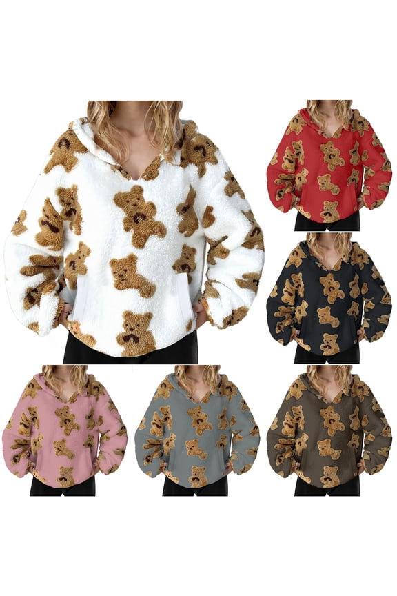 Women's Fuzzy Fleece Oversized Sweatshirts Hoodie Fall Long Sleeve Cute Teddy Bear Hooded Sweatshirt Winter Warm Lightweight Sherpa Sweaters Top
