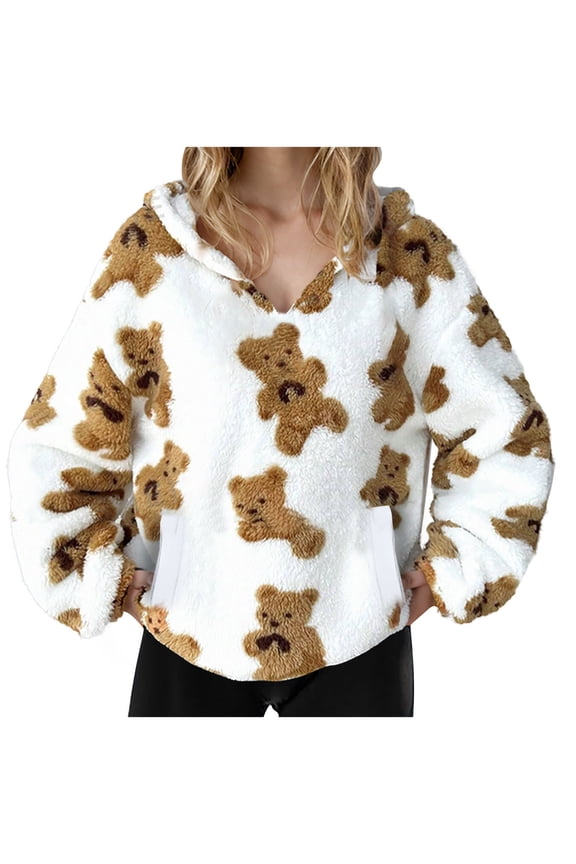 Women's Fuzzy Fleece Oversized Sweatshirts Hoodie Fall Long Sleeve Cute Teddy Bear Hooded Sweatshirt Winter Warm Lightweight Sherpa Sweaters Top