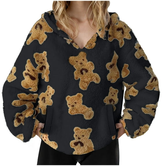 Women's Fuzzy Fleece Oversized Sweatshirts Hoodie Fall Long Sleeve Cute Teddy Bear Hooded Sweatshirt Winter Warm Lightweight Sherpa Sweaters Top