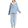 thumbnail image 1 of Women's Fuzzy Fleece Pajama Set Plush Long Sleeve Pants Pjs V Neck Cute Cozy Warm 2 Piece Comfy Baggy Soft Casual Oversized Lounge Set Blue X-Large, 1 of 5