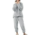 thumbnail image 1 of Women's Fuzzy Fleece Pajama Set Plush Long Sleeve Pants Pjs V Neck Cute Cozy Warm 2 Piece Comfy Baggy Soft Casual Oversized Lounge Set Grey Medium, 1 of 1