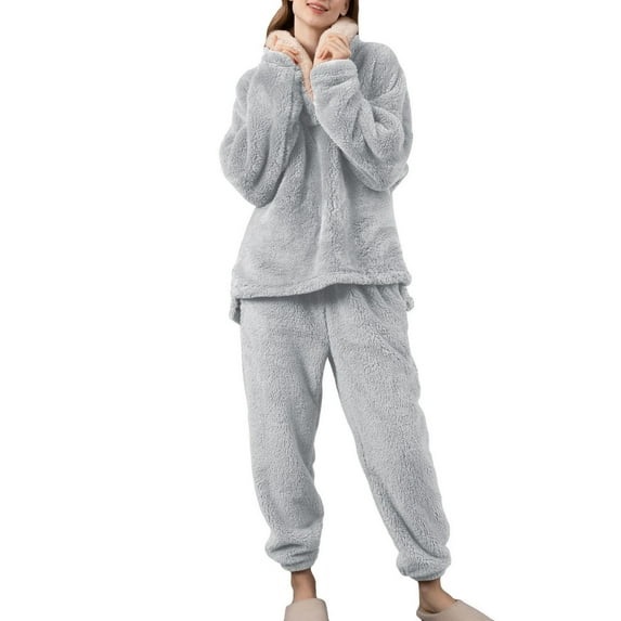 Women's Fuzzy Fleece Pajama Set Plush Long Sleeve Pants Pjs V Neck Cute Cozy Warm 2 Piece Comfy Baggy Soft Casual Oversized Lounge Set Grey Medium