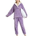 thumbnail image 1 of Women's Fuzzy Fleece Pajama Set Plush Long Sleeve Pants Pjs V Neck Cute Cozy Warm 2 Piece Comfy Baggy Soft Casual Oversized Lounge Set Purple X-Large, 1 of 1