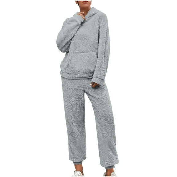 Women's Fuzzy Fleece Pajamas Sets Long Sleeve Pocket Casual Hoodies and Jogger Pants Set 2 Piece Fluffy Sleepwear Loungewear