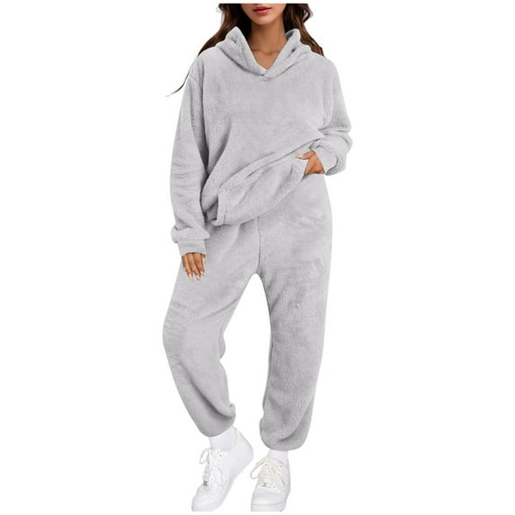 Women's Fuzzy Pajamas Sets Loungewear Long Sleeve Hoodies and Pants Set 2 Piece Fluffy Sleepwear with Pockets