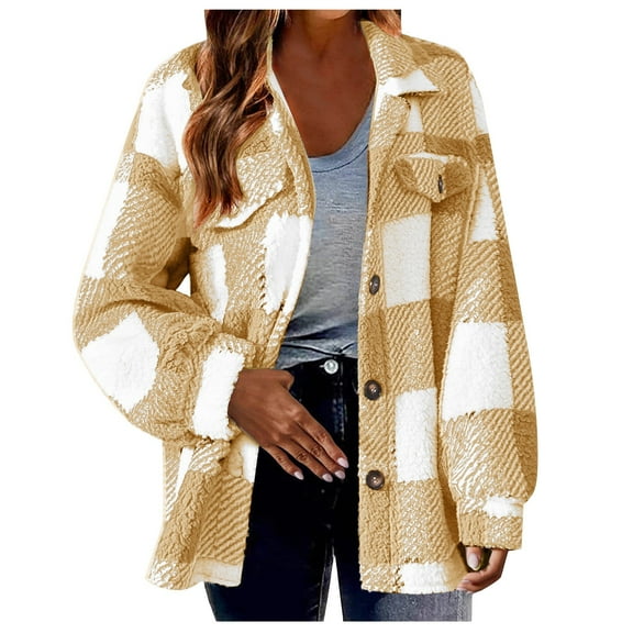Women's Fuzzy Fleece Plaid Jacket Casual Loose Button Coats Plus Size Fall Winter Trendy Outerwear New Plus Size Jackets for Women Lightweight Yellow S