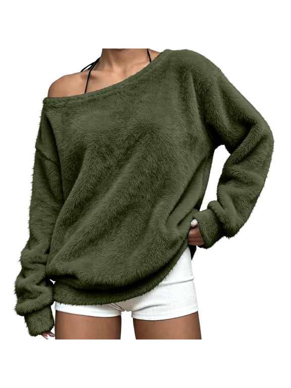 Women's Fuzzy Fleece Pullover Sweater Casual Long Sleeve Off Shoulder Slouchy Oversized Tops Fluffy Warm Winter Jumper Lounge Relaxed Fit Fall Clothes