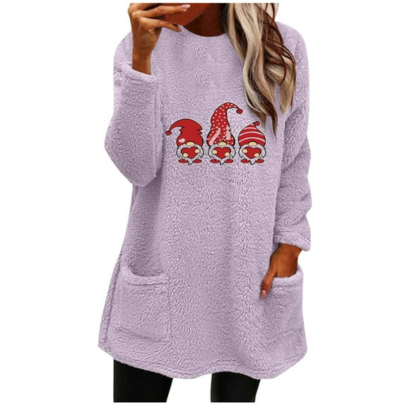 Women's Fuzzy Fleece Pullover Sweatshirt Casual Christmas Printed Crewneck Sweaters Cozy Winter Tops with Pockets