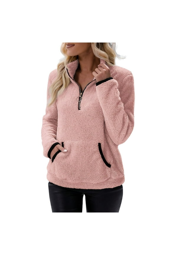Women's Fuzzy Fleece Pullover Sweatshirt Soft Half Zip Sherpa Jacket with Pockets Cozy Warm Winter Wear