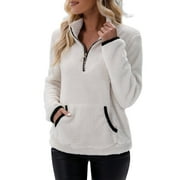 Womens Fuzzy Fleece Pullover Sweatshirt Soft Half Zip Sherpa Jacket with Pockets Cozy Warm Winter Wear
