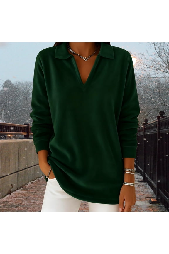 Women's Fuzzy Fleece Pullover Tops Lapel V Neck Casual Loose Fitting Fall Winter Warm Color Long Sleeve Tunic Blouse Green L