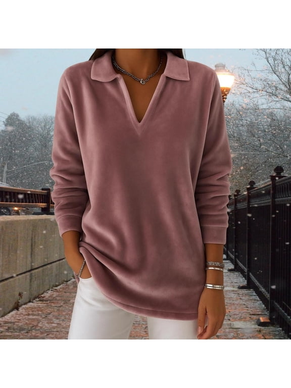 Women's Fuzzy Fleece Pullover Tops Lapel V Neck Casual Loose Fitting Fall Winter Warm Color Long Sleeve Tunic Blouse XL