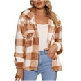 thumbnail image 1 of Women's Fuzzy Fleece Sherpa Plaid Lapel Jacket Button Down Warm Winter Shearling Oversized Soft Comfy Outwear Coat, 1 of 7