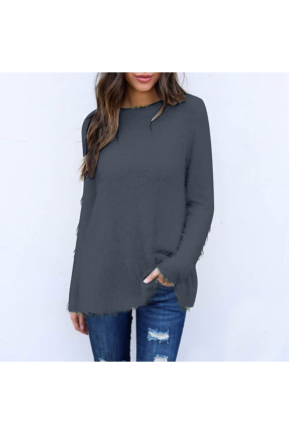 Women's Fuzzy Fleece Sweater Long Sleeve Crew Neck Loose Casual Cozy Knit Pullover Tops High-Low Hem Tunic Shirts Gray M