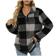 SNILERS Women's Fuzzy Fleece Sweatshirt Winter Half Zip Plaid Long Sleeve Thick Sherpa Pullover Tops Cozy Warm Loose Fit Fluffy Outwear