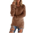 thumbnail image 1 of Women's Fuzzy Fleece Tops Solid Color Crewneck Pullover Casual Long Sleeve Sweatshirts 2024 Fall Winter Tunic Shirts, 1 of 5