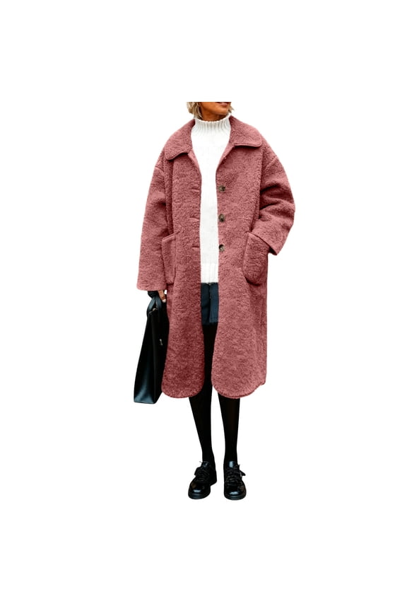 Women's Fuzzy Fleece Trench Coats Lapel Button down Long Outerwear Warm Winter Jackets with Pockets New Lightweight Jacket Women Dressy Pinky S