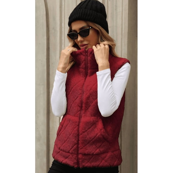 Women's Fuzzy Fleece Vest, Casual Warm Sleeveless Zip Up Vest Jacket with Pockets for Fall and Winter