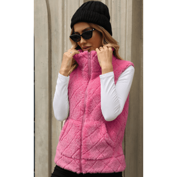 Women's Fuzzy Fleece Vest, Casual Warm Sleeveless Zip Up Vest Jacket with Pockets for Fall and Winter