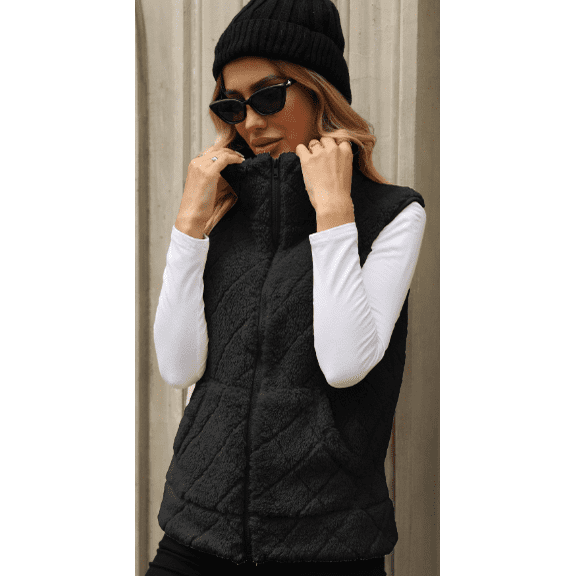 Women's Fuzzy Fleece Vest, Casual Warm Sleeveless Zip Up Vest Jacket with Pockets for Fall and Winter