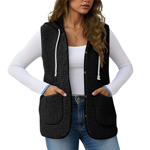 Women's Fuzzy Fleece Vest Hooded Sleeveless Button Down Solid Color Coat with Pockets Black S