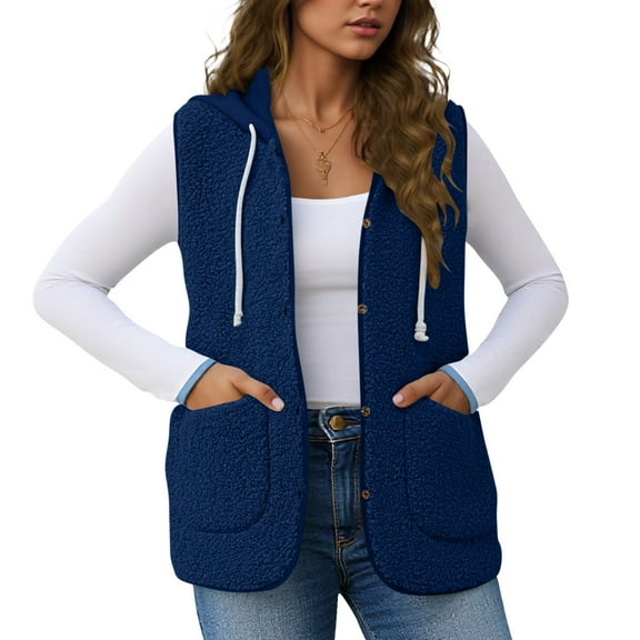 Women's Fuzzy Fleece Vest Hooded Sleeveless Button Down Solid Color Coat with Pockets Navy L