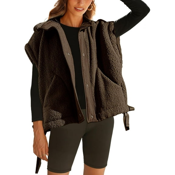 Women's Fuzzy Fleece Vest Oversized Sleeveless Sherpa Jacket Warm Button Down Gilet Outerwear with Pockets