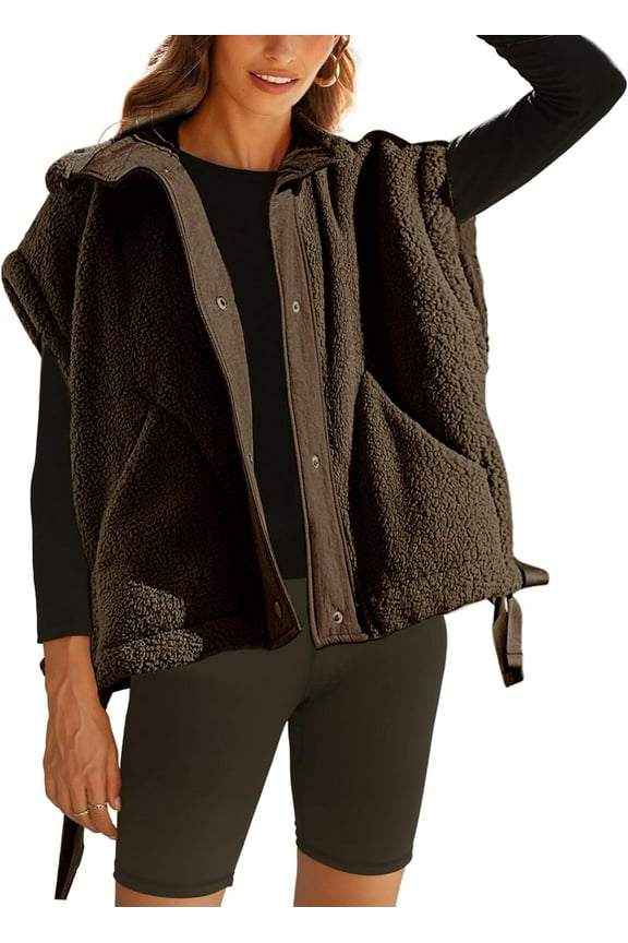 Women's Fuzzy Fleece Vest Oversized Sleeveless Sherpa Jacket Warm Button Down Gilet Outerwear with Pockets