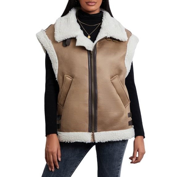 Women's Fuzzy Fleece Vest Stand Collar Waistcoat Winter Casual Outdoor Sleeveless Suede Jacket Coat