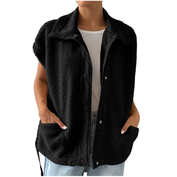 Women's Fuzzy Fleece Vest Warm Button Down Sherpa Vest Jacket Collared Cap Sleeve Fall Gilet Outerwear with Pockets