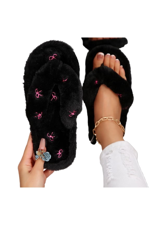 Women's Fuzzy Flip Flop Slippers Soft Open Toe Slip On Thong Flat Sandals Ladies House Home Indoor Outdoor Women's Winter Warm Slippers