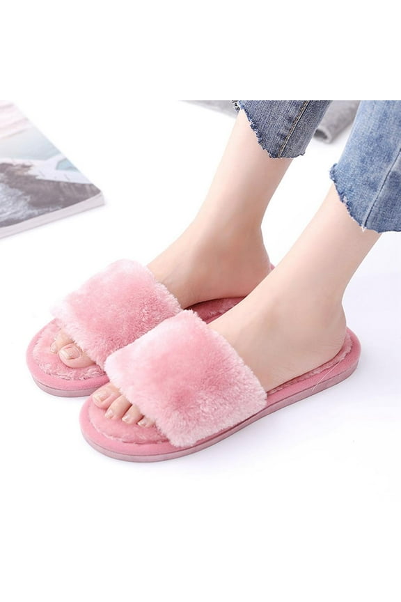Women's Fuzzy Fluffy Furry Fur Slippers Flip Flop Open Toe Cozy House Memory Foam Sandals Slides Soft Flat Comfy Anti-Slip Spa Indoor Outdoor Slip on
