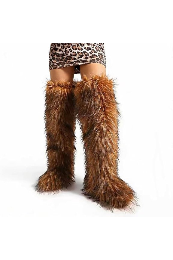 Women's Fuzzy Fur Knee High Boots Comfort Flat Sole Warm Long Boots Winter Soft Furry Over The Knee Boots