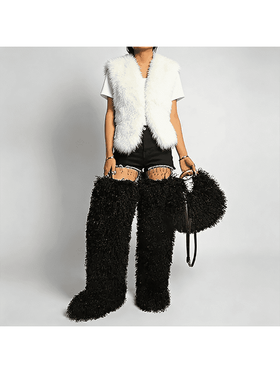 Women's Fuzzy Fur Knee High Boots Comfort Flat Sole Warm Long Boots Winter Soft Furry Over The Knee Boots