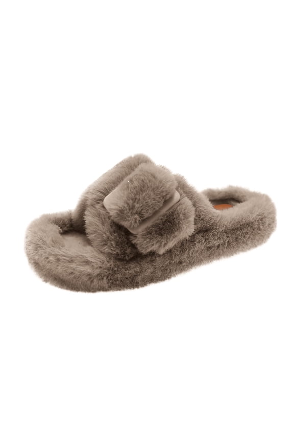 Women's Fuzzy Fur Slippers Flip Flop Open Toe Cozy House Memory Foam Soft Comfy Anti-Slip Indoor Outdoor Slip on