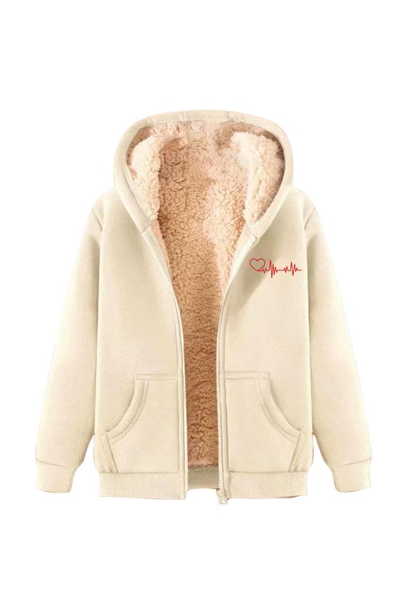 Women's Fuzzy Heart Pattern Hoodie Jacket Heavyweight Lamb Wool Warm Cardigan Full Zip Winter Shacket